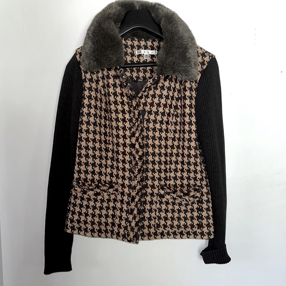Cabi houndstooth fur collar jacket blazer sz 4